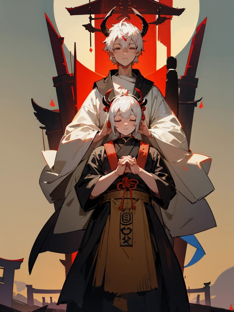 Buddha, horns, white short hair, black armor, torii gate, man, full moon, hands together in prayer, third eye