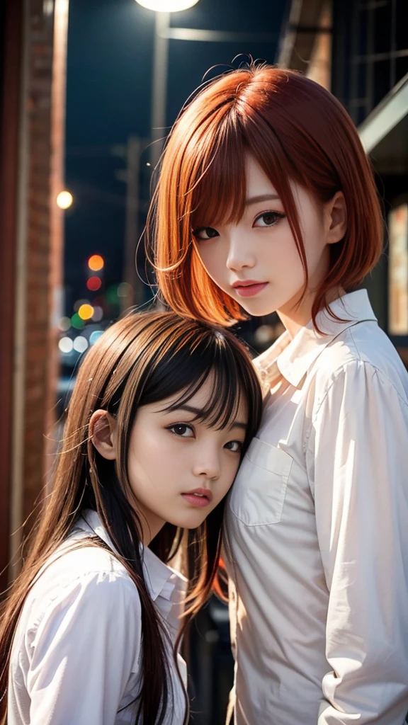 (Natural strawberry blonde and redhead girls with pretty faces), Cute pose, wearing a button shirt,  body, skinny, Atmospheric, Dark atmosphere, Edge lighting, Sayaka Yamamoto, Saito Asuka, Mao Akiyama&#39;s facial features, 8K, Full body portrait, Elegant outfit, Natural light, Spooky greenhouse at night, Sharp focus, (Highly detailed eyes and face, Professional photography techniques), (Beautiful small face, beautiful girl, high school student, Idol Face, Baby Face:1.4), smile, Happy, K UHD, Hmph, Beautiful and soft skin, Vibrant Skin, blush, (Chirarizum:1.3, Unbutton your shirt:1.3), (Beautiful breasts, Cleavage), (Small beautiful butt), (Detailed hands:1.1, The optimal ratio is four fingers to one thumb), Perfect proportions, (Perfect Anatomy:1.3), (Highest quality, Masterpiece, Highest quality, Ultra high definition, Photorealism:1.4), ((Touching each other&#39;s breasts))