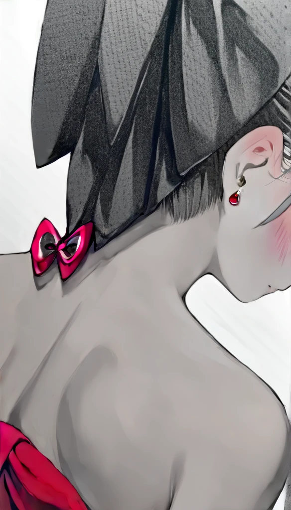 (best quality, masterpiece), (eye focus, face, close-up:0.5), blush, (expressionless:0.7), 1girl, solo focus, bangs, white background, dutch angle, side, head tilt, bow,jewelry, slender , (fantasy, greyscale, spot color,red theme:0.8), (multicolored,gradient:0.8), , , from behind, nape