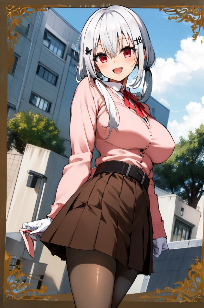 masterpiece, best quality, highres, hmhy1, low twintails,white hair, hair ornament, huge breasts, red ribbon, collared shirt, sweater, labcoat, open clothes, off shoulder, long sleeves, flower, belt, white gloves, pleated skirt, black pantyhose, cowboy shot, standing, outdoors, smile, open mouth