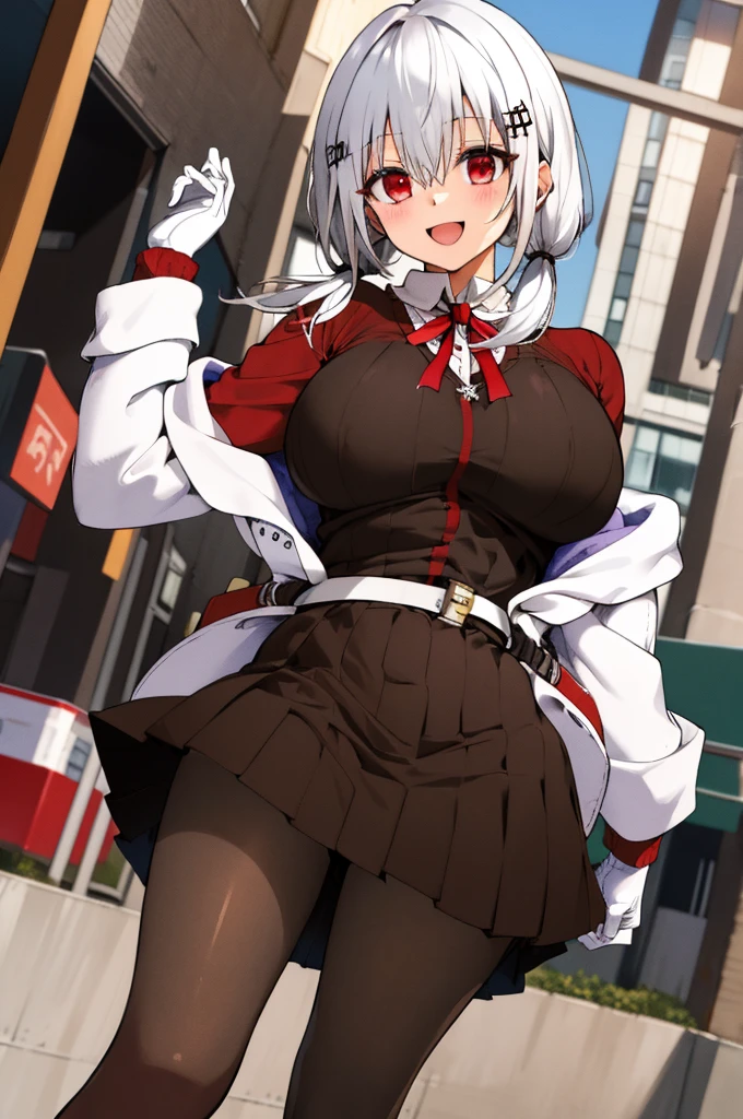 masterpiece, best quality, highres, hmhy1, low twintails,white hair, hair ornament, huge breasts, red ribbon, collared shirt, sweater, labcoat, open clothes, off shoulder, long sleeves, flower, belt, white gloves, pleated skirt, black pantyhose, cowboy shot, standing, outdoors, smile, open mouth