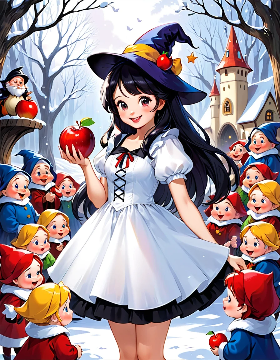 fairy tale snow white A cute beautiful girl wearing a cute white dress Adorable smile Black scary face witch Handing the apple to the girl The Seven Dwarfs