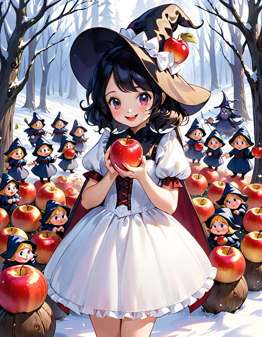 fairy tale snow white A cute beautiful girl wearing a cute white dress Adorable smile Black scary face witch Handing the apple to the girl The Seven Dwarfs