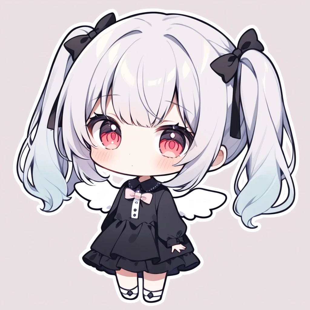 pastel colors, chibi, (little angel:1.5), 1girl, red eye, twin tails, silver hair, ahoge, black ribbon, black dress