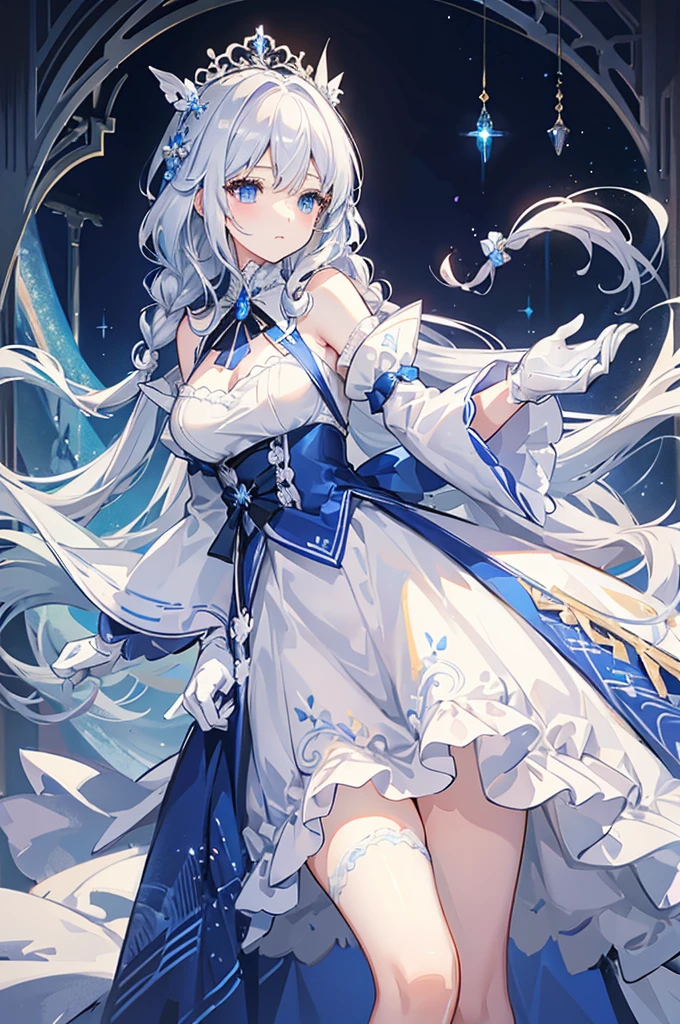 A woman with white hair and blue eyes、adult、Long, fluffy wavy hair、Braiding、Wearing hair ornaments、Princess、White gloves、blue and white lace dress、The dress is short in the front and long in the back、Garter Ring、Fantasy
