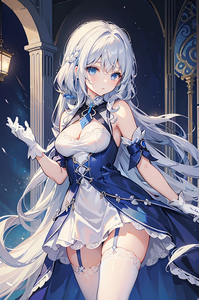 A woman with white hair and blue eyes、adult、Long, fluffy wavy hair、Braiding、Wearing hair ornaments、Princess、White gloves、blue and white lace dress、The dress is short in the front and long in the back、Garter Ring、Fantasy
