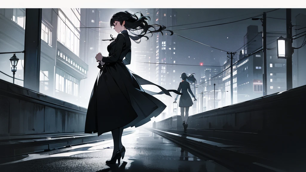 A young woman with a determined expression, dressed in modern and elegant clothes, walking through a busy city. In the background, the silhouette of an old house with shadows of family members looking enviously. The city should be illuminated with bright lights, highlighting the contrast between her dark past and her successful present.