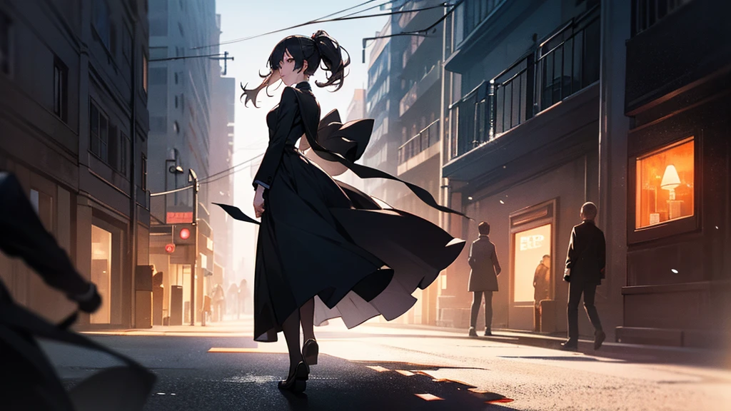 A young woman with a determined expression, dressed in modern and elegant clothes, walking through a busy city. In the background, the silhouette of an old house with shadows of family members looking enviously. The city should be illuminated with bright lights, highlighting the contrast between her dark past and her successful present.