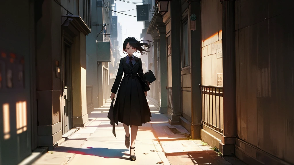 A young woman with a determined expression, dressed in modern and elegant clothes, walking through a busy city. In the background, the silhouette of an old house with shadows of family members looking enviously. The city should be illuminated with bright lights, highlighting the contrast between her dark past and her successful present.
