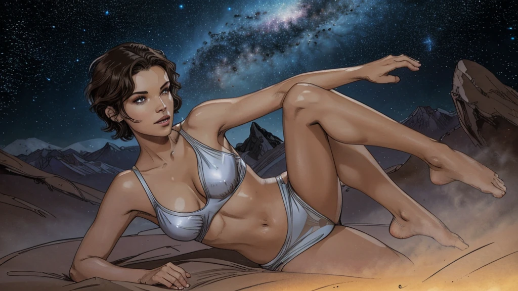 a cute, slender, aerobics instructor, very short brown hair, very short brown hair, very short brown hair, very short brown hair, very short brown hair, brown eyes, dimples, sexy pose; wearing a sheer gown cut to her navel in front and slit up to her hips on the side, In a kaleidoscopic realm of a dreamscape, eerie, glowing, nebulous, fantasy-like, beautiful, breath-taking, sweeping. a dream, dust, gas, nebula, fantasy, clouds, mountains, celestial view, unobtrusively sexy, endearing, cute, loveable