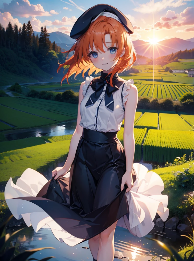 kidney, Rena Ryuuguu, Orange Hair, short hair, blue eyes, smile, blush,Grin,(Small breasts:1.2),beret,Sleeveless dress,Long skirt,Heeled Sandals,morning,morning陽,The sun is rising,Paddy field,walking,whole bodyがイラストに入る,
壊す looking at viewer,whole body,
Destroy outdoors, Destroy the countryside (masterpiece:1.2), Highest quality, High resolution, unity 8k wallpaper, (shape:0.8), (Beautiful attention to detail:1.6), Highly detailed face, Perfect lighting, Extremely detailed CG, (Perfect hands, Perfect Anatomy),