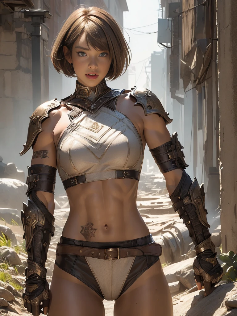 (((of the highest quality: 1.4))),(unparalleled masterpiece ever), (Ultra high definition),(Ultra realistic 8K CG), (((adult body))), (((1girl in))), ((( Bob Shorthair ))), Gladiators with perfect bodies,,Beautiful and well-groomed face,muscular body:1.4,Detailed breastplate, gauntlets、is standing, (Image from head to thigh),(( Light Brown Bob Shorthair )),, Simon Bisley's urban savage style,Detailed ancient Roman background,Clean abs, Complex equipment, Dark brown with white stars and gray and white stripes,,,s Armor, Poison tattoo