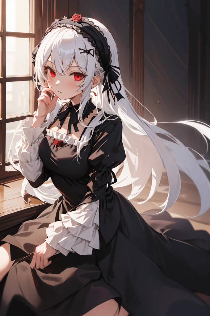 masterpiece, best quality, highres, sui1, 1girl, solo, suigintou, red eyes, long hair, gothic dress, white hair, rose hair ornament, long sleeves, gothic hairband, ribbon, black dress, black wings, cowboy shot, wariza, hand on own face,