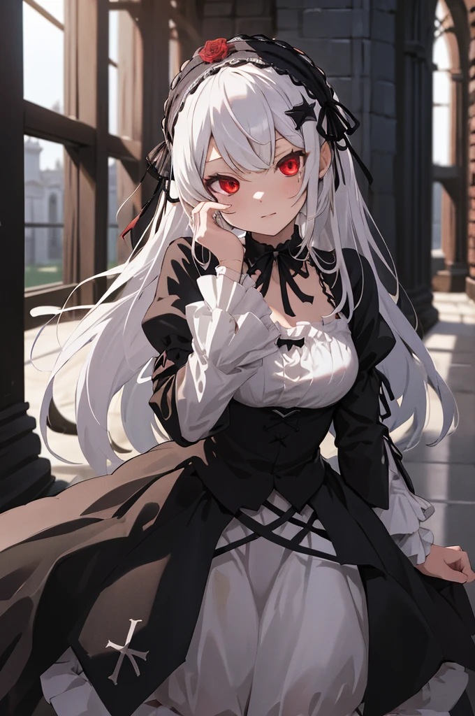 masterpiece, best quality, highres, sui1, 1girl, solo, suigintou, red eyes, long hair, gothic dress, white hair, rose hair ornament, long sleeves, gothic hairband, ribbon, black dress, black wings, cowboy shot, wariza, hand on own face,