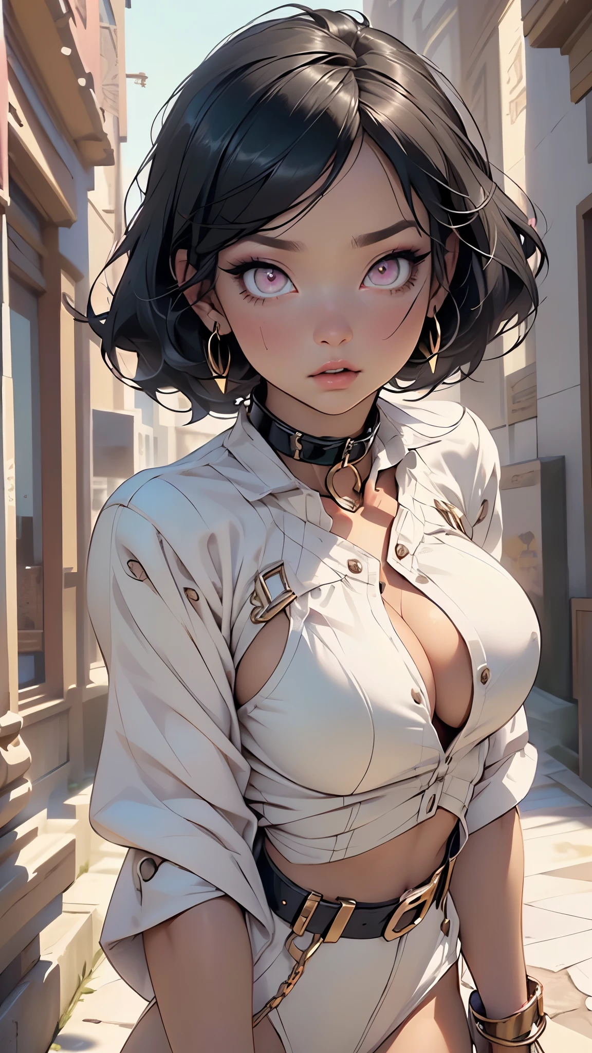 girl from ancient Egypt,1girl,
(large breasts:1.4),saggy breasts,((((Pixie cut hair,black hair:1.5,colored inner hair)))),(((pink_eyes:1.3))),intricate eyes,beautiful detailed eyes,symmetrical eyes,big eyes:1.2,((((lustrous skin:1.5,tanned skin,bright skin: 1.5,skin tanned,shiny skin,very shiny skin,shiny body)))),(spider lower abdomen,narrow waist,wide hip,athletic body,inflated legs,thick thighs),(((detailed face))),beautiful detailed lips,
cute,slutty,sensual,seductive look,seductive,((erotic)),opulent,sumptuous,((nsfw)),
(zettai ryouiki,show skin),(((eyeshadow,egyptian makeup,eyelid makeup))),(((slave collar,metal slave collar,black slave collar,Long chain leash connected to her collar,shackles))),tribal tattoo,tight mesh overalls,tight gold and red gradient armor,wearing a demon witch outfit, sideboob, underboob
dynamic and seductive pose,looking at viewer,embarrassed,centered,scale to fit dimensions,Rule of thirds,
indoors,(huge columns of an Arab palace,arab palace,arab palace background),scenery,extremely scenery,arab style,
(Glossy Egyptian ornaments),highres,sharp focus,(ultra detailed,extremely detailed),(photorealistic artwork:1.37),(extremely detailed CG unity 8k wallpaper),(((vibrant colors,vibrant theme))),(intricate),(masterpiece),(best quality),artistic photography,(photography taken by sldr),(intricate background),perfect rendered face,perfect face details,realistic face,photo realistic,((intricate detail)),(((realism))),