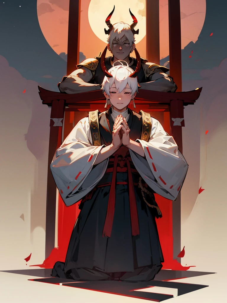 Buddha, horns, white short hair, black armor, torii gate, man, full moon, hands together in prayer, third eye