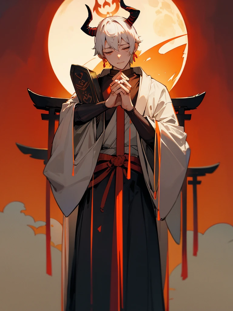 Buddha, horns, white short hair, black armor, torii gate, man, full moon, hands together in prayer, third eye