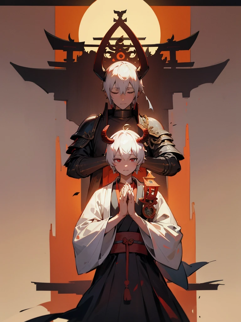 Buddha, horns, white short hair, black armor, torii gate, man, full moon, hands together in prayer, third eye