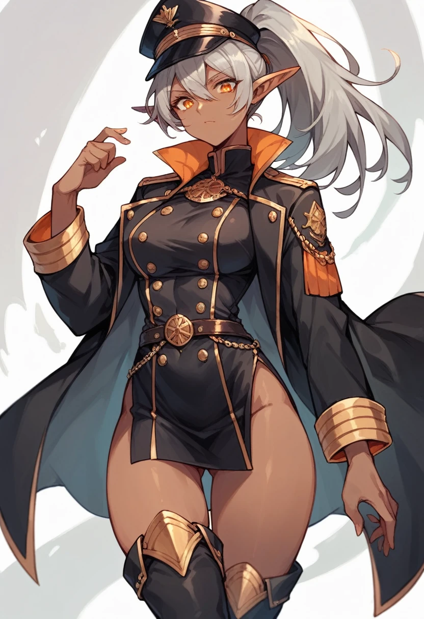 orange eyes,dark elf,grey hair,1lady,high ponytail, gold and black coat,jewelry,gold and black uniform,military hat,thigh boots,
