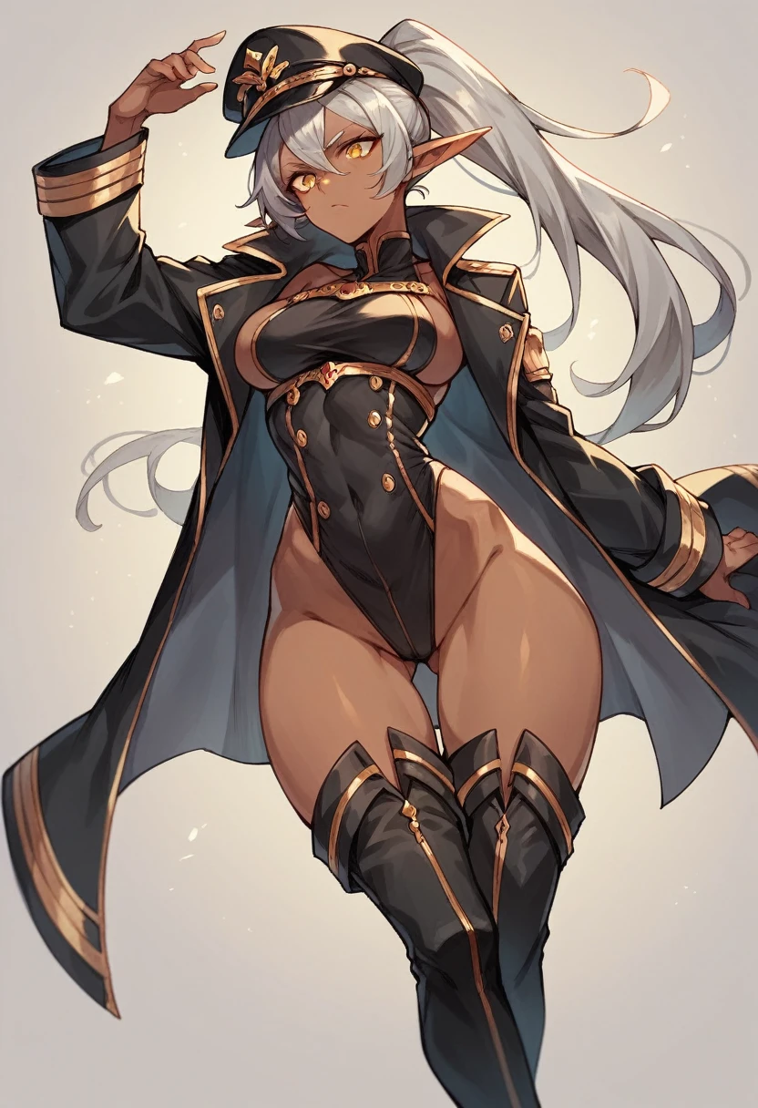 orange eyes,dark elf,grey hair,1lady,high ponytail, gold and black coat,jewelry,gold and black uniform,military hat,thigh boots,
