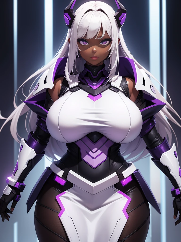 girl, With big breasts, with futuristic purple armor, purple eyes, for white, dark ebony skin