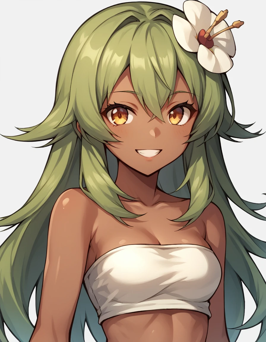 score_9, score_8_up, score_7_up, score_6_up, BREAK, source_cartoon, source_anime, 1girl, SadidaDG, amalia sheran sharm,, green hair, long hair, hair flower, dark skin, bare shoulders, tube top, upper body, smile, looking at viewer, solo, simple background