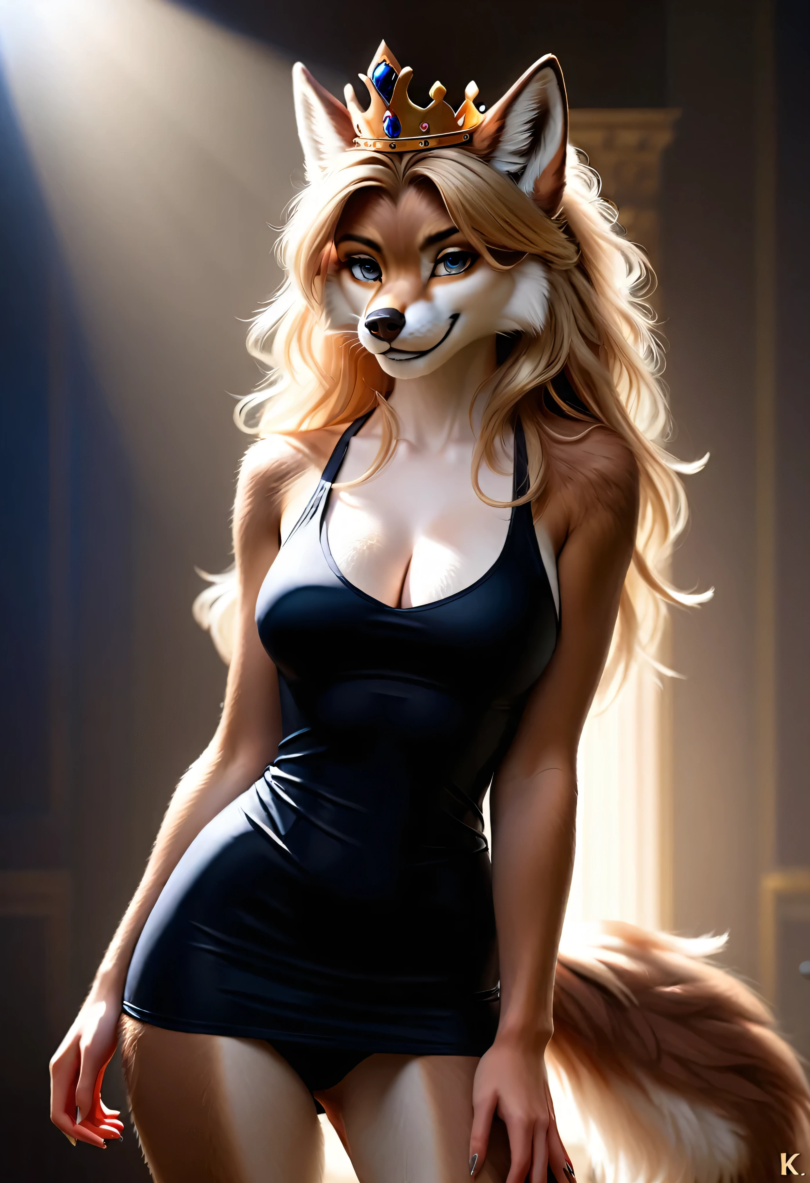 (8k, RAW photo, best quality, masterpiece:1.2), (realistic, photo-realistic:1.37), ultra-detailed, ultra high res, by Cutesexyrobutts, female anthro wolf, looking at viewer, smile, ((wearing crown on head)), queen, beautiful detailed eyes, (floating hair), detailed clothes, detailed fur, cinematic lighting, professional lighting