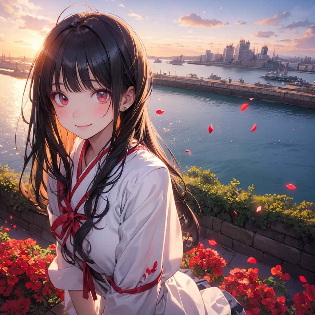 (masterpiece:1.2),(4k anime),high quality,(perfect anatomy),(Accurate fingers),(1 girl),black long hair,beautiful detailed red eyes,a shy smile,In the fantastic beauty of the sunset backlight,red cute clothing,Bokeh, A gentle light spreads over the tranquil surroundings,overlooking the port,Add a dramatic and symbolic element to your scene, The petals are soft