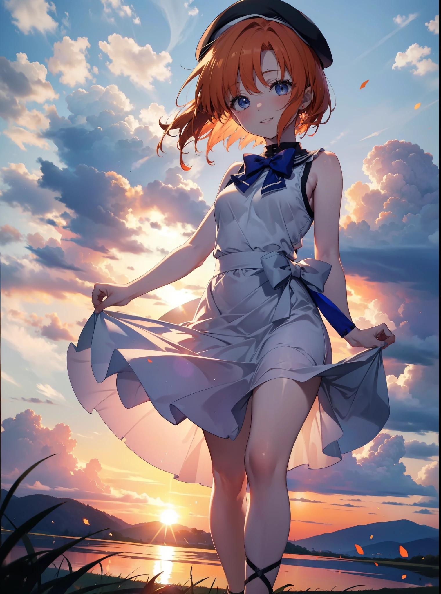 kidney, Rena Ryuuguu, Orange Hair, short hair, blue eyes, smile, blush,Grin,(Small breasts:1.2),beret,Sleeveless dress,Long skirt,Heeled Sandals,morning,morning陽,The sun is rising,Paddy field,walking,whole bodyがイラストに入る,
壊す looking at viewer,whole body,
Destroy outdoors, Destroy the countryside (masterpiece:1.2), Highest quality, High resolution, unity 8k wallpaper, (shape:0.8), (Beautiful attention to detail:1.6), Highly detailed face, Perfect lighting, Extremely detailed CG, (Perfect hands, Perfect Anatomy),