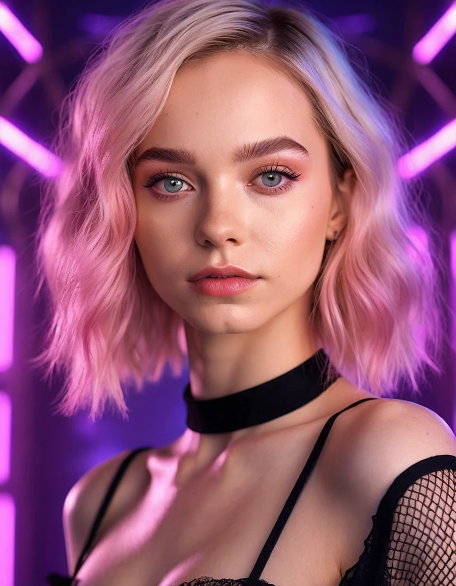 cinematic photo Portrait of (((ohwx woman))) pink mini crop fishnet leggings mini skirt black choker, highly detailed, digital painting, artstation, concept art, sharp focus, illustration, art by Tony Sart and artgerm and randy vargas . 35mm photograph, film, bokeh, professional, 4k, high quality
