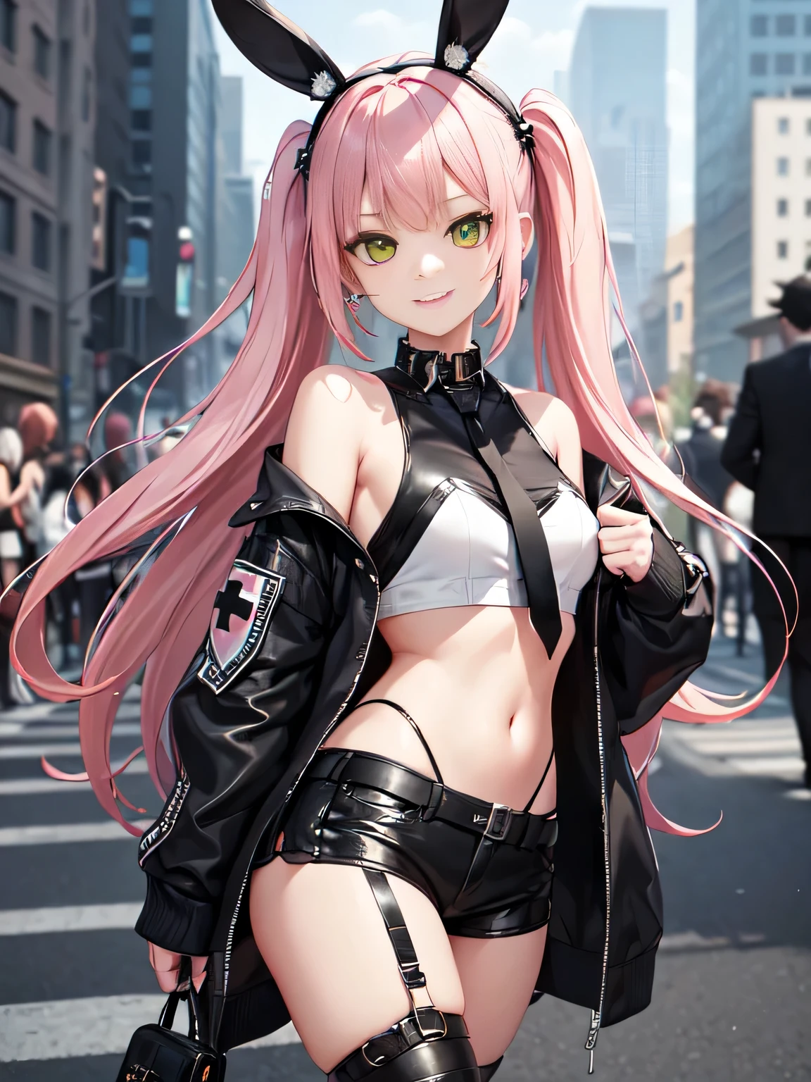 (all intricate details, Zenless Zone Zero style, 1 girl view, Nicole starts):

    Hair and Hairstyle:
        long wavy pastel pink hair.
        ((black ties)) on both sides of the head, one on each side.

    Face and Expression:
        Youthful and lively face.
        Flirtatious smile and a wink in her left eye.
        Vibrant green eyes with an enthusiastic glow.

    outfit:
        Short black jacket that exposes the shoulders.
        White cropped t-shirt with a black graphic design.
        Black shorts with lace details and various straps and buckles.
        tall black boots.

    accessories:
        Necklace with a heart-shaped pendant.
        yellow earrings.
        Small green backpack in the shape of a rabbit with a red cross in one eye and black and white details.

    equipment:
        Large dark metal box with symbols and letters.

Context and Style:

    Character with a confident and outgoing attitude.
    Punk and rebellious style, with kawaii touches.
    Futuristic or urban fantasy world.
    Central figure in a team of adventurers or in an action and exploration story.