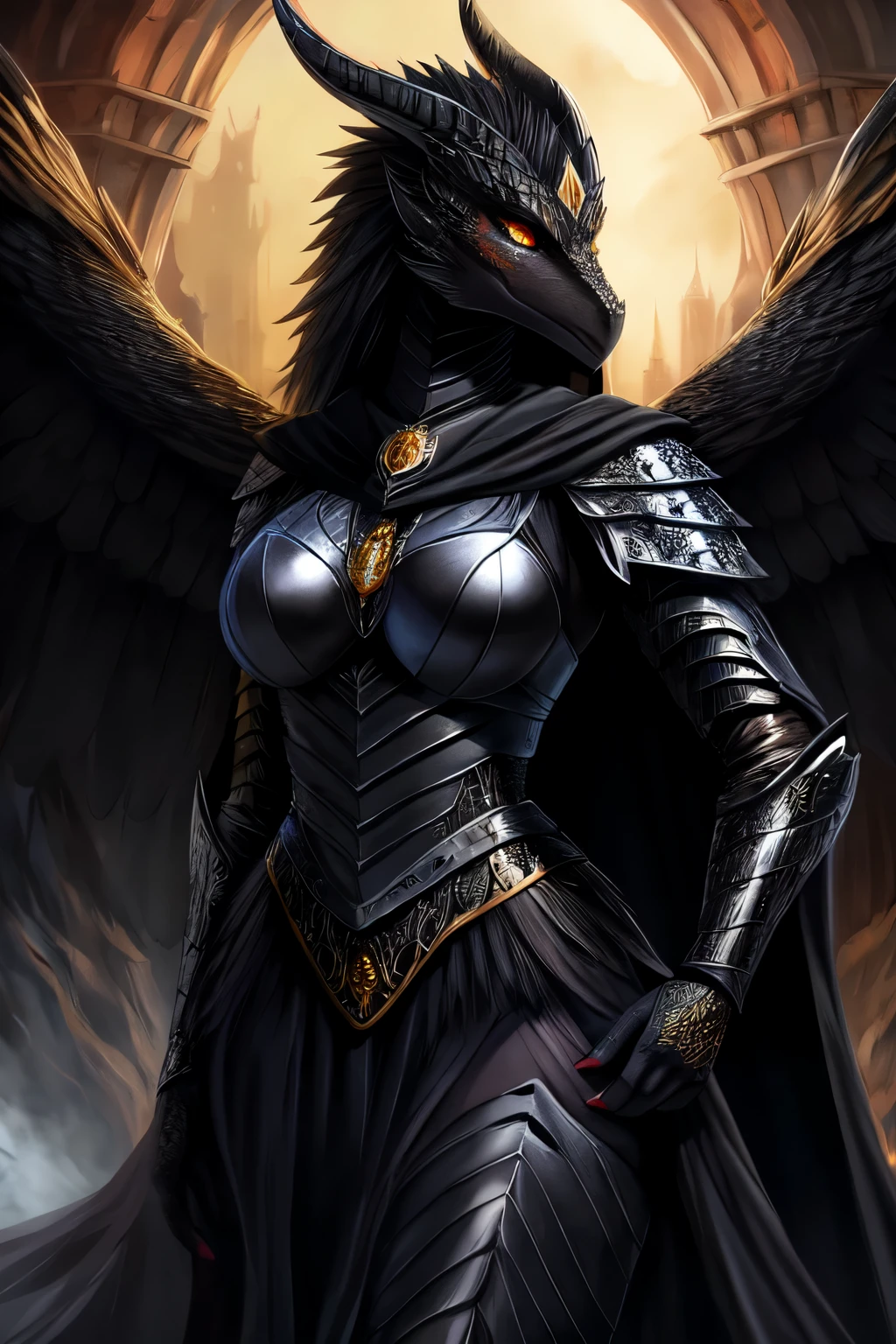 Detailed golden eyes, detailed humanoid female black dragon wearing black feathered armored knight in a black tattered cape  