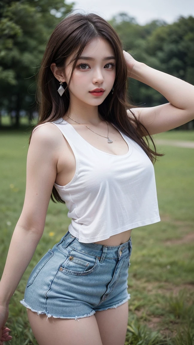 (masterpiece:1.3), 16k, high resolution, Very fine details, masterworks,(photorealistic, RAW photo, best quality:1.4), authentic texture, Texture of skin and clothing, light makeup, red lips, brown hair, beautiful hair, (medium hair:1.3), Rural Scenery background, elegant, Very fine details, authentic texture, cinematic lighting realism, perfect work, exquisite features, (Detailed brown iris and black pupil),(Ultra-high resolution eye:1.1), Japanese idol, beautiful face, (gentle smile like a goddess), attractive, big well-shaped breasts, beautiful cleavage, shiny skin, (White oversized sleeveless t-shirt:1.3), break,(Mini hot pants),bright big eyes, smooth skin, (Heart shaped necklace),(Triangle ornament earrings),BREAK, (gentle smile like a goddess), standing position, (standing on the Grass field:1.3),shoot from below, (ground level shot), facing the front,(outstretched arms),
