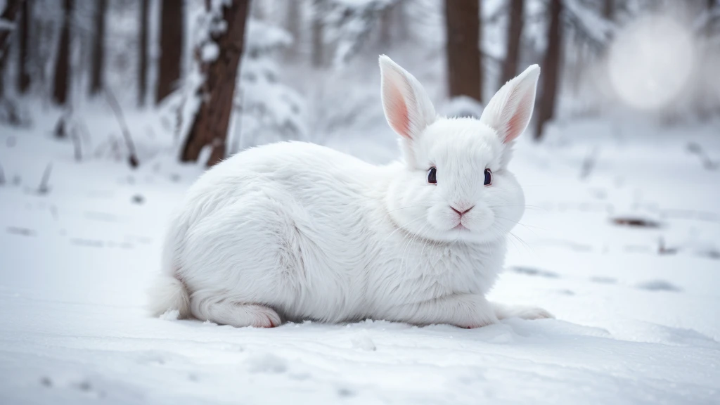 an adorable cute white rabbit lying on the ground, looking directly at the viewer with big and blue, expressive eyes. The rabbit's fur is dense and textured, with each hair finely detailed and shimmering with tiny snowflakes, snow gently falls around it, adding to the magical, serene atmosphere. The scene is set on a surface that resembles a snowy forest floor. The color palette is dominated by shades of white, emphasizing a chilly, enchanting atmosphere