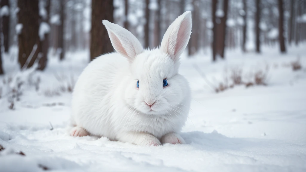 an adorable cute white rabbit lying on the ground, looking directly at the viewer with big and blue, expressive eyes. The rabbit's fur is dense and textured, with each hair finely detailed and shimmering with tiny snowflakes, snow gently falls around it, adding to the magical, serene atmosphere. The scene is set on a surface that resembles a snowy forest floor. The color palette is dominated by shades of white, emphasizing a chilly, enchanting atmosphere