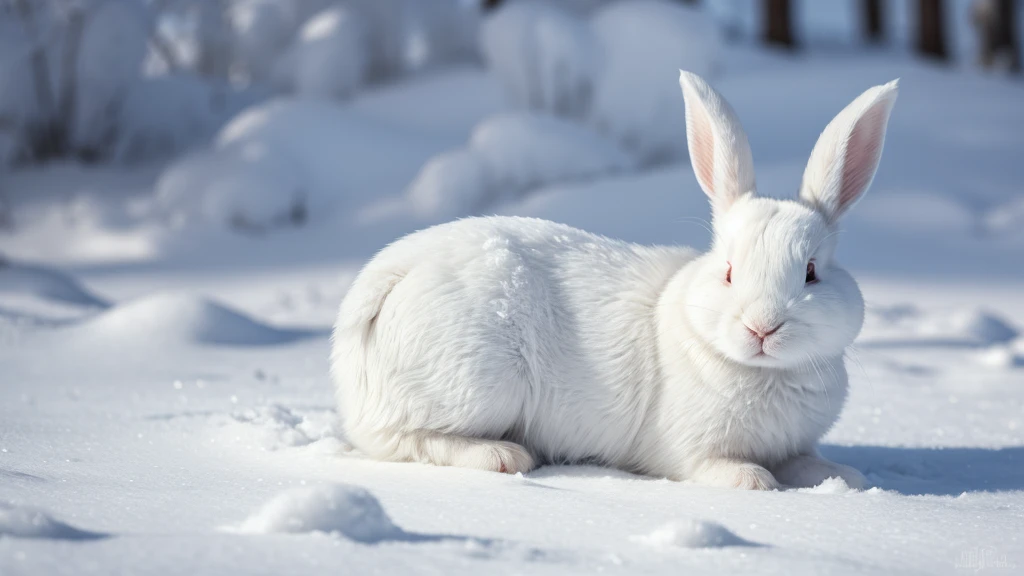 an adorable cute white rabbit lying on the ground, looking directly at the viewer with big and blue, expressive eyes. The rabbit's fur is dense and textured, with each hair finely detailed and shimmering with tiny snowflakes, snow gently falls around it, adding to the magical, serene atmosphere. The scene is set on a surface that resembles a snowy forest floor. The color palette is dominated by shades of white, emphasizing a chilly, enchanting atmosphere