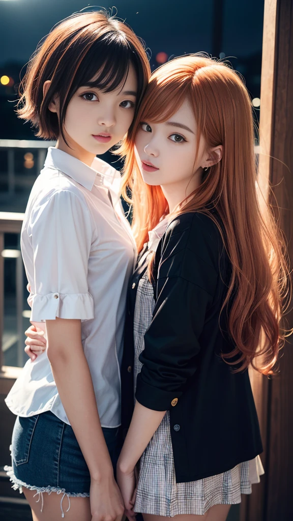 (Natural strawberry blonde and redhead girls with pretty faces), Cute pose, wearing a button shirt,  body, skinny, Atmospheric, Dark atmosphere, Edge lighting, Sayaka Yamamoto, Saito Asuka, Mao Akiyama&#39;s facial features, 8K, Full body portrait, Elegant outfit, Natural light, Spooky greenhouse at night, Sharp focus, (Highly detailed eyes and face, Professional photography techniques), (Beautiful small face, beautiful girl, high , Idol Face, Baby Face:1.4)Happy, K UHD, Hmph, Beautiful and soft skin, Vibrant Skin, blush, (Chirarizum:1.3, Unbutton your shirt:1.3), (Beautiful breasts, Cleavage), (Small beautiful butt), (Detailed hands:1.1, The optimal ratio is four fingers to one thumb), Perfect proportions, (Perfect Anatomy:1.3), (Highest quality, Masterpiece, Highest quality, Ultra high definition, Photorealism:1.4), ((お互いのbodyを舐め合う:1.2))