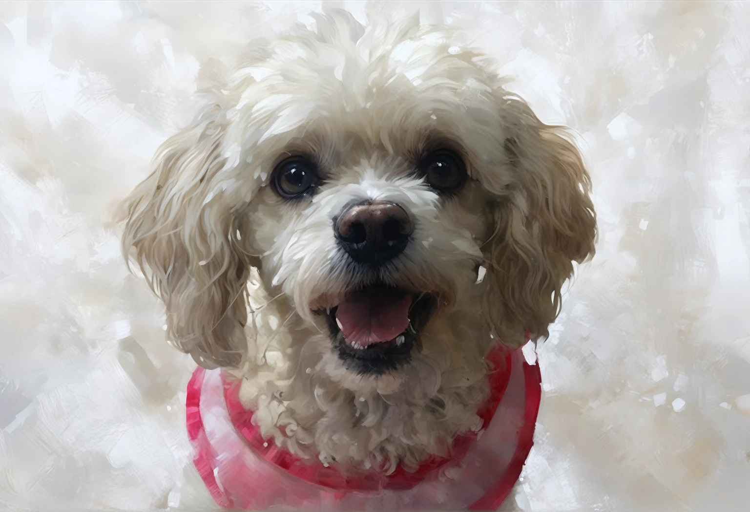 (very beautiful elaborate oil and watercolor painting), white FRENCH POODLE DOG looking straight, composition, sweet, realistic and shiny BLACK eyes whit cataract, gentle facial expression ,quality\(8k, wallpaper of extremely detailed CG unit, masterpiece, high resolution, top-quality, top-quality real texture skin, hyper-realistic, increase the resolution, RAW photos, best quality, highly detailed )