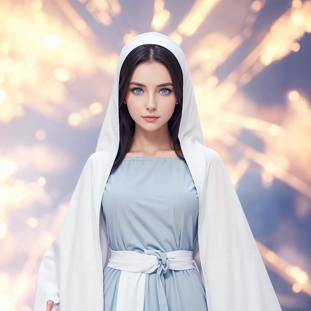 Beautiful woman with light blue eyes, wearing a gray tunic with wide, long sleeves, adjusted at the waist by a white sash