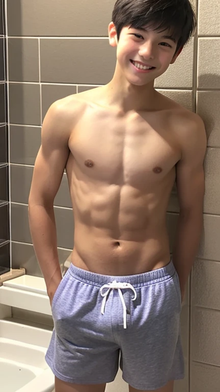 Japanese、 male、Well-developed muscles and smooth skin、very short black hair、Friendly and relaxed smile、Open mouth smile、Lightweight boxer shorts、The whole body is visible、in narrow bathroom、Guts pose