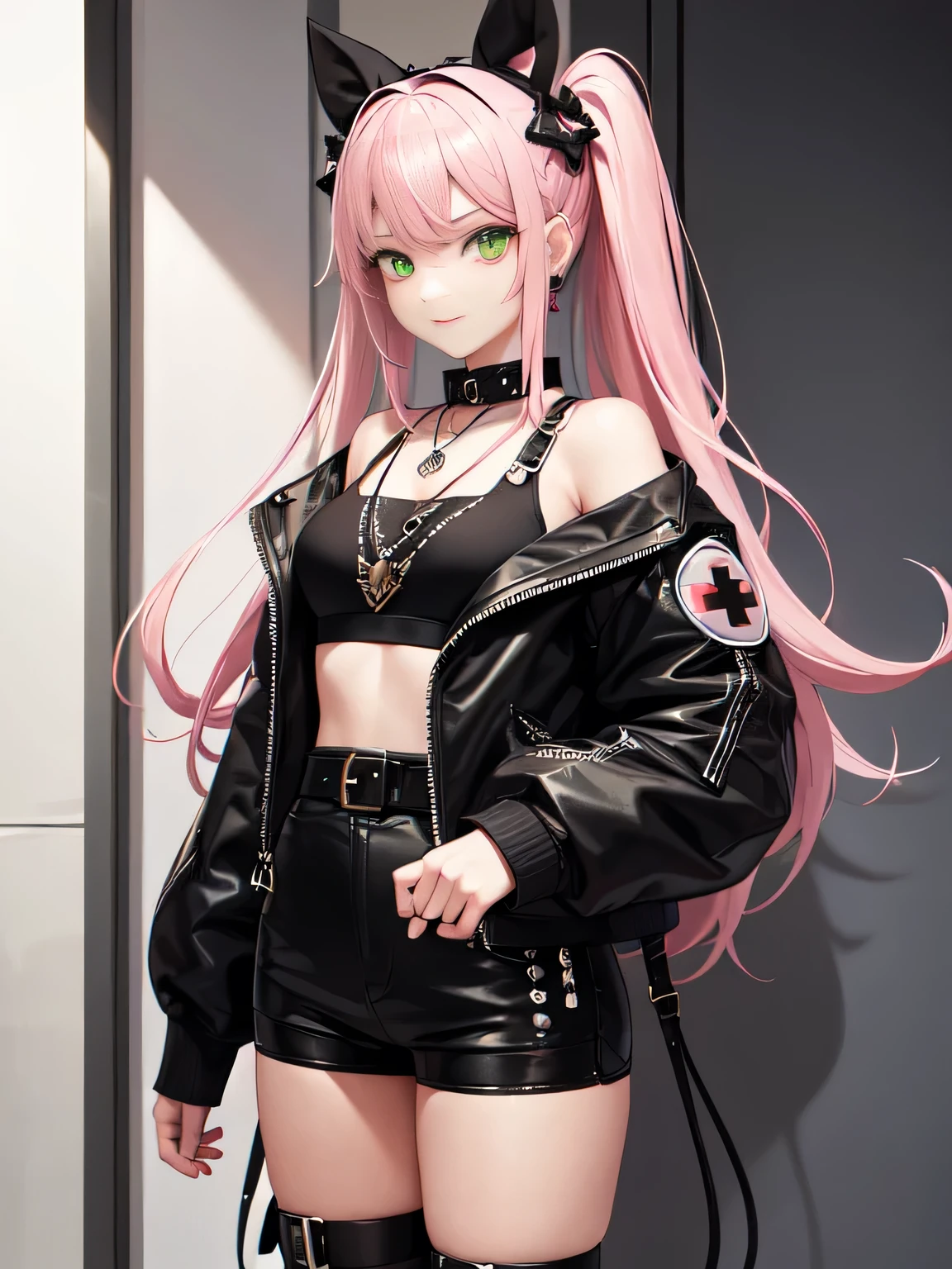 (all intricate details, Zenless Zone Zero style, 1 girl view, Nicole Demara):

    Hair and Hairstyle:
        Long wavy pastel pink hair.
        ((Black bows)) on both sides of the head, one on each side.

    Face and Expression:
        Youthful and lively face.
        Flirtatious smile and a wink in his left eye.
        Vibrant green eyes with an enthusiastic glow.

    Outfit:
        Short black jacket that exposes the shoulders.
        White cropped t-shirt with a black graphic design.
        Black shorts with lace details and various straps and buckles.
        High black boots.

    Accessories:
        Necklace with a heart-shaped pendant.
        Yellow earrings.
        Small green backpack in the shape of a rabbit with a red cross in one eye and black and white details.

    Equipment:
        Large dark metal box with symbols and letters.

Context and Style:

    Character with a confident and outgoing attitude.
    Punk and rebellious style, with kawaii touches.
    Futuristic or urban fantasy world.
    Central figure in a team of adventurers or in a story of action and exploration.

