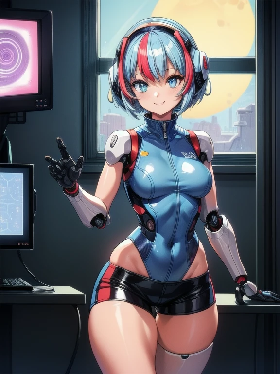 One girl,alone, Short hair,Multicolored Hair ,Bright Blue Eyes, Curvy,humanoid robot, joint, robot, robot joint, Shiny, Shiny skin, Thighs, robot, humanoid robot, robot girl,smile, (window:1.4),sf,Short shorts ,Sleeveless jacket ,sf ,factory,Floating monitor,Retro Wave, (Background space,惑star,sun,Milky Way,star,Earth),Inside the spaceship