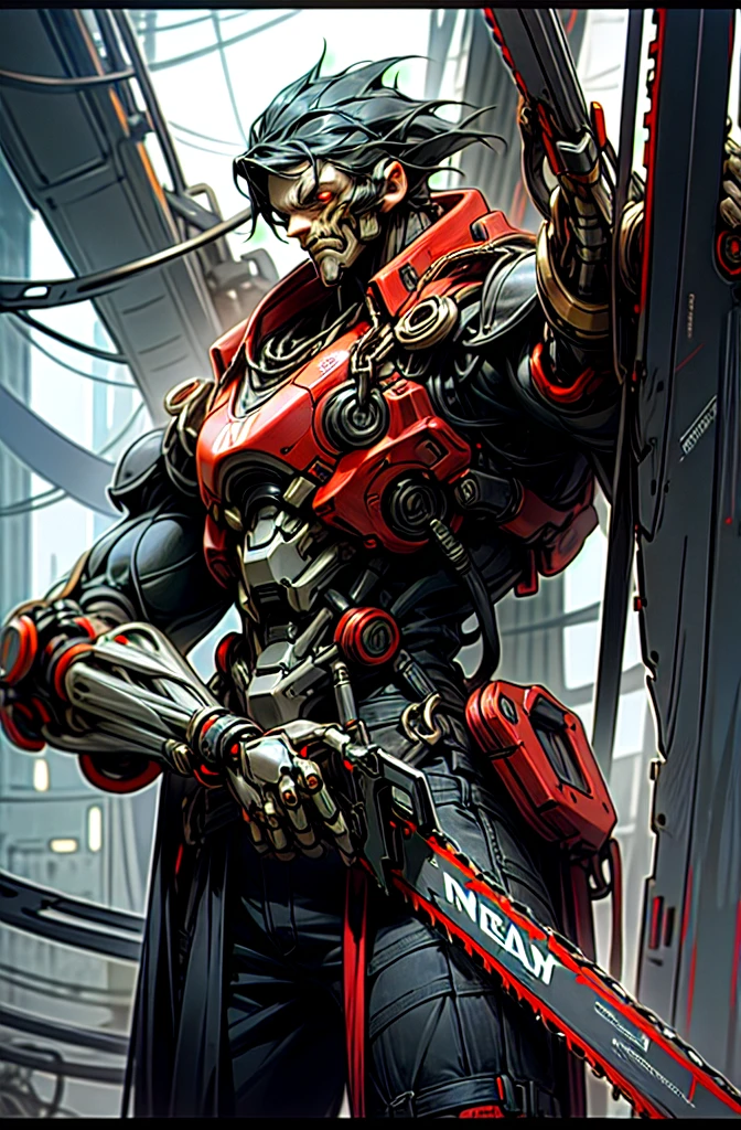 Dark_Fantasy,Cyberpunk,(chain saw,chain saw man,Red:1.1),1man,Mechanical marvel,Robotic presence,Cybernetic guardian,