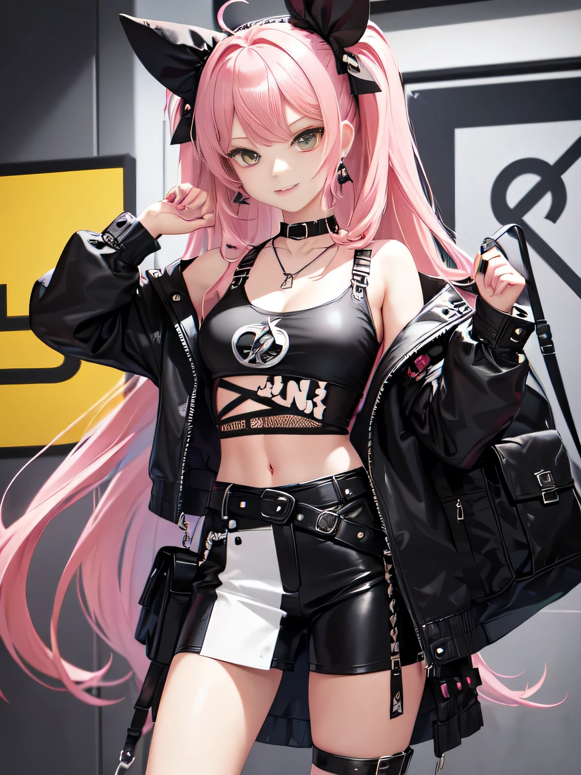 (all intricate details, Zenless Zone Zero style, 1 girl view, Nicole Demara):
Hair and Hairstyle:
Long wavy pastel pink hair.
((Black bows)) on both sides of the head, one on each side.
Face and Expression:
Youthful and lively face.
Flirtatious smile and a wink in his left eye.
Vibrant green eyes with an enthusiastic glow.
Outfit:
Short black jacket that exposes the shoulders.
White cropped t-shirt with a black graphic design.
Black shorts with lace details and various straps and buckles.
High black boots.
Accessories:
Necklace with a heart-shaped pendant.
Yellow earrings.
Small green backpack in the shape of a rabbit with a red cross in one eye and black and white details.
Equipment:
Large dark metal box with symbols and letters.
Context and Style:
Character with a confident and outgoing attitude.
Punk and rebellious style, with kawaii touches.
Futuristic or urban fantasy world.
Central figure in a team of adventurers or in a story of action and exploration.
