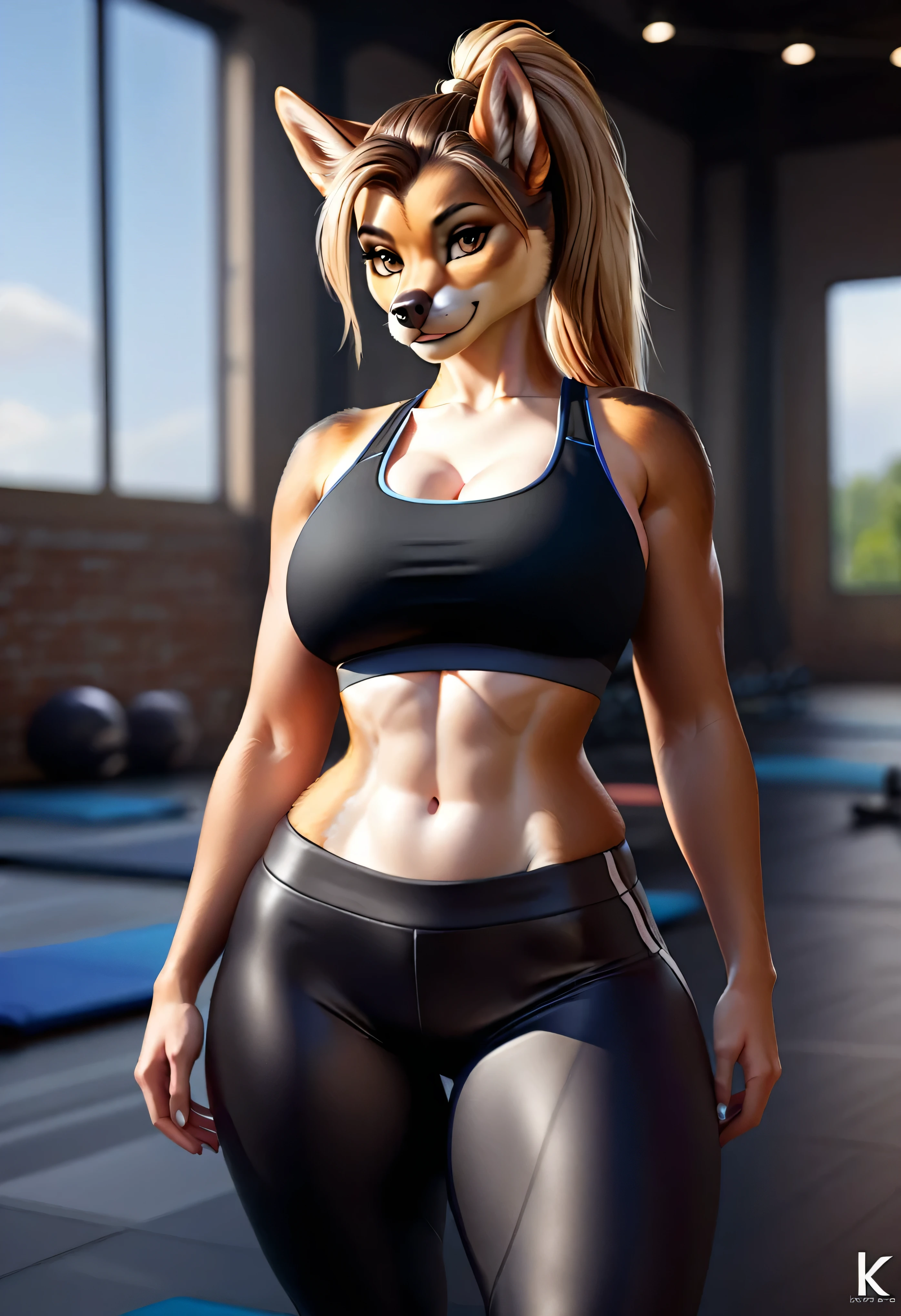 (8k, RAW photo, best quality, masterpiece:1.2), (realistic, photo-realistic:1.37), ultra-detailed, ultra high res, by Cutesexyrobutts, female anthro dobermann dog, looking at viewer, smile, ((wearing sports bra and tight yoga pants)), beautiful detailed eyes, (ponytail hair), detailed clothes, detailed fur, large breasts, thick thighs, cinematic lighting, professional lighting