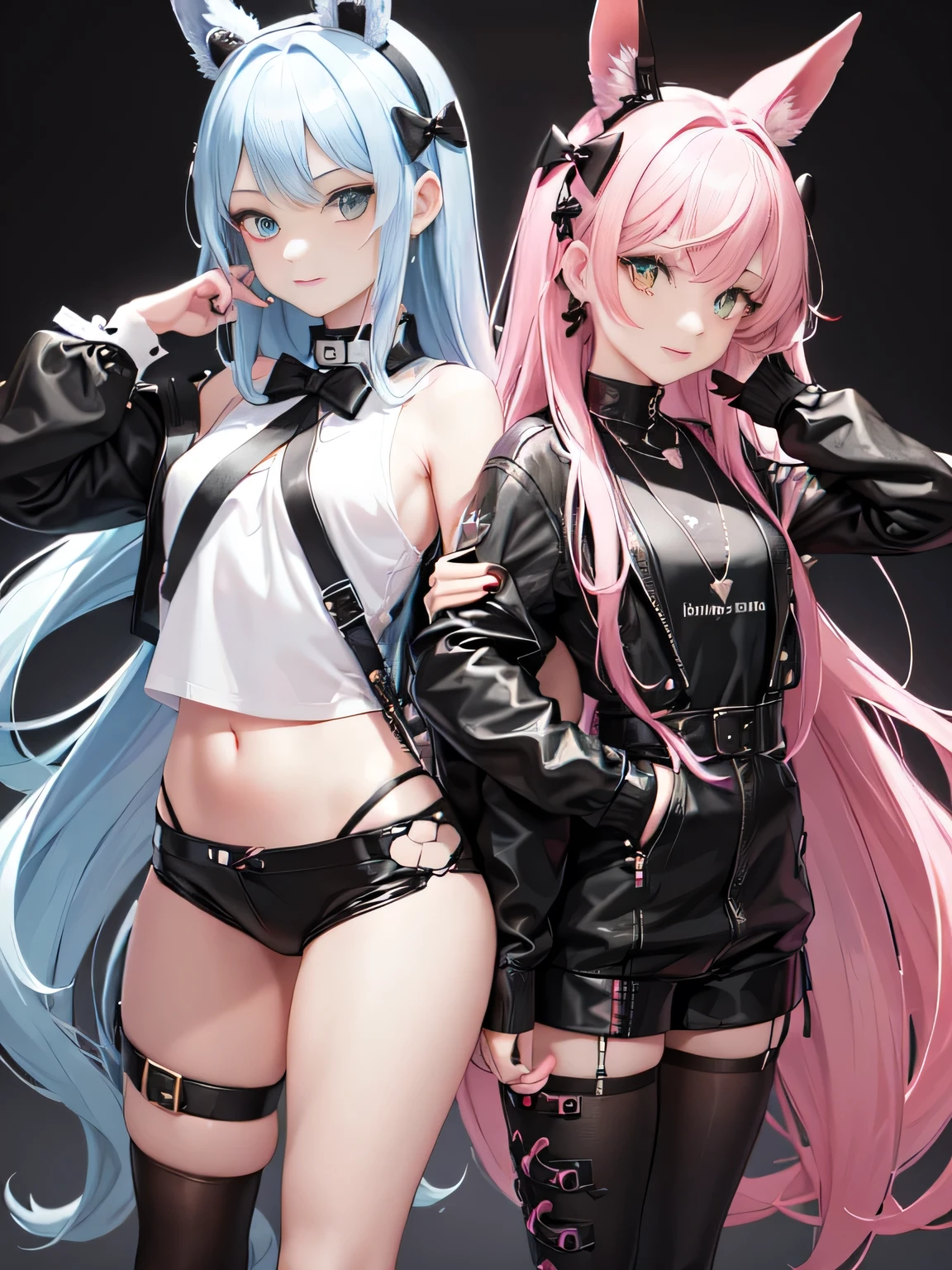 loli, high detail, 8k, long hair, 2girl, bubble ass, short top, sports shorts, choker, small, thigh tattoo, cameltoe, lingerie