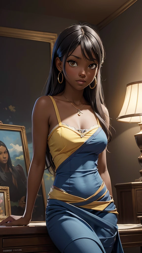 ((Solo Beautiful Carribean woman with dark skin and striking eyes)), shadowed interior background, art by akihiko yoshida, manga art style, colorfield illustration, scary atmosphere, global illumination, by frank frazetta, art by goro fujita, glamor shot, banner, blur, anime key visual, (blue, yellow and gray colors), photorealistic dramatic anime girl, intricately detailed, chiaroscuro, pino daeni, impressionist (best quality, masterpiece)