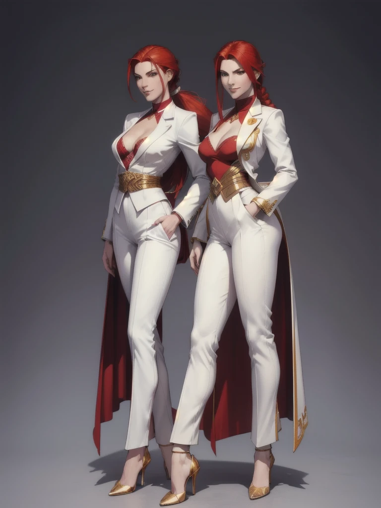((best quality)), ((4k)), ((highres)), ((masterpiece:1.2)). ((detailed)), ((ultra realistic)), ((intricate details)), ((full body picture)), ((character design sheet)), ((blank background)), ((standing in a blank background)), solo character, a full body shot of a sexy pale female, inhuman pale skin, pasty white skin, ((vampire pale skin))), ((ghostly pale skin like kratos from god of war)), redhead, ((vivid red hair)), SLEEK braided low ponytail, ((SLEEK braided low ponytail)), thin braid, slicked back hair, sexy and dangerous, evil smile on her face, ((evil smile)), about 30 years old, about 6'0 ft tall, athletic frame, character concept art, female executive, white blazer suit, white dress pants, work pants, white outfit with black details and gold adornments, ((predominantly white outfit)), ((showing cleavage)), gold office heels, ((GOLD HEELS)), fighting game character concept art, tekken character design, the king of fighters character concept