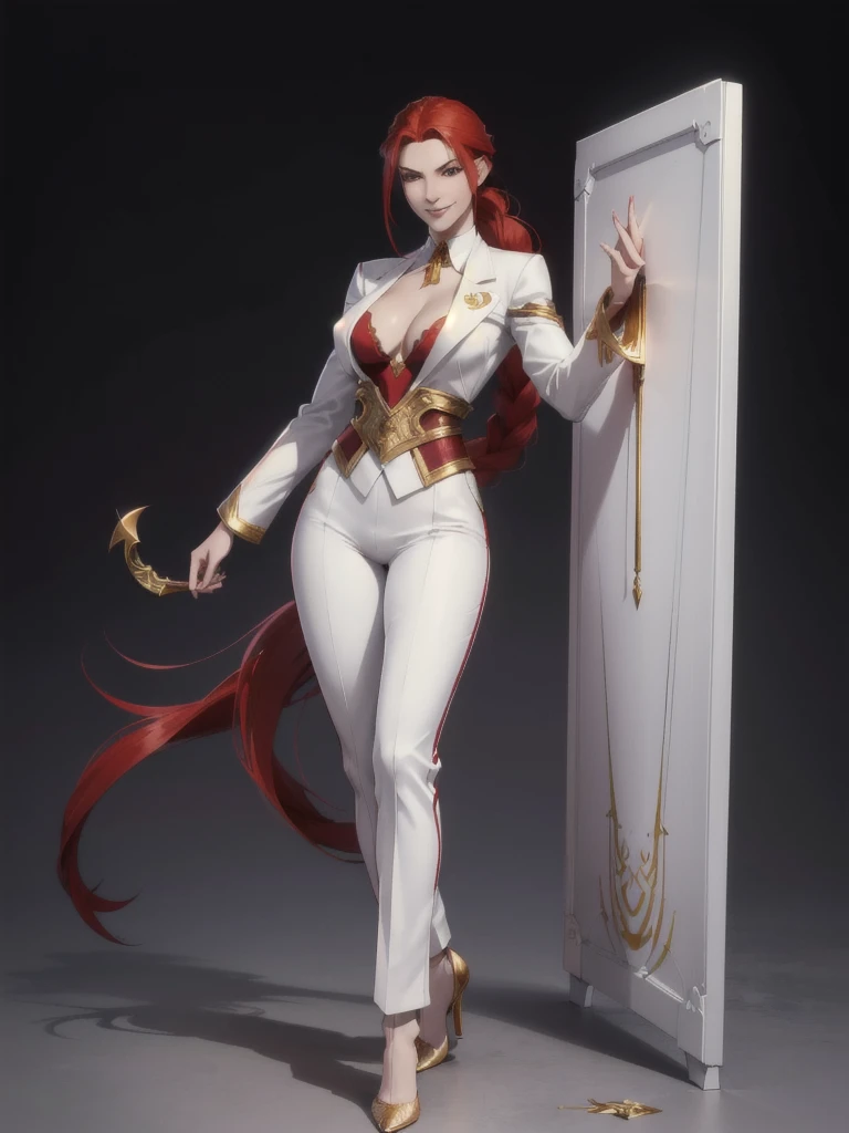 ((best quality)), ((4k)), ((highres)), ((masterpiece:1.2)). ((detailed)), ((ultra realistic)), ((intricate details)), ((full body picture)), ((character design sheet)), ((blank background)), ((standing in a blank background)), solo character, a full body shot of a sexy pale female, inhuman pale skin, pasty white skin, ((vampire pale skin))), ((ghostly pale skin like kratos from god of war)), redhead, ((vivid red hair)), SLEEK braided low ponytail, ((SLEEK braided low ponytail)), thin braid, slicked back hair, sexy and dangerous, evil smile on her face, ((evil smile)), about 30 years old, about 6'0 ft tall, athletic frame, character concept art, female executive, white blazer suit, white dress pants, work pants, white outfit with black details and gold adornments, ((predominantly white outfit)), ((showing cleavage)), gold office heels, ((GOLD HEELS)), fighting game character concept art, tekken character design, the king of fighters character concept