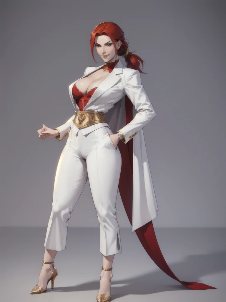 ((best quality)), ((4k)), ((highres)), ((masterpiece:1.2)). ((detailed)), ((ultra realistic)), ((intricate details)), ((full body picture)), ((character design sheet)), ((blank background)), ((standing in a blank background)), solo character, a full body shot of a sexy pale female, inhuman pale skin, pasty white skin, ((vampire pale skin))), ((ghostly pale skin like kratos from god of war)), redhead, ((vivid red hair)), SLEEK braided low ponytail, ((SLEEK braided low ponytail)), thin braid, slicked back hair, sexy and dangerous, evil smile on her face, ((evil smile)), about 30 years old, about 6'0 ft tall, athletic frame, character concept art, female executive, white blazer suit, white dress pants, work pants, white outfit with black details and gold adornments, ((predominantly white outfit)), ((showing cleavage)), gold office heels, ((GOLD HEELS)), fighting game character concept art, tekken character design, the king of fighters character concept